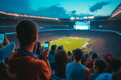 Fans enthousiastes dans un stade, utilisant des technologies interactives pour une expérience fan tech immersive et engagée.
