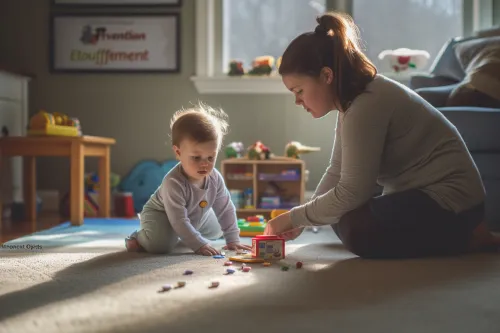 Un jeune enfant découvre son environnement sous surveillance attentive pour éviter l'étouffement par des objets dangereux.
