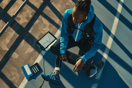 Athlète consultant des guides pratiques numériques et physiques entouré de gadgets tech sportifs innovants, améliorant ses performances.