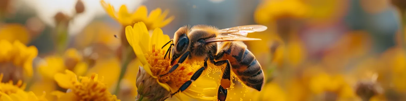 Abeille butinant une fleur dans un champ coloré, soulignant l'urgence cruciale de protéger ces pollinisateurs pour notre survie alimentaire.