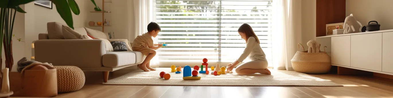 Un jeune enfant souriant jouant en toute sécurité dans un salon protégé des dangers domestiques courants.