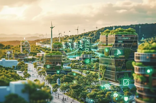 Paysage futuriste montrant la fusion de technologies vertes et d'environnements naturels prospères, incarnant un avenir durable et résilient.