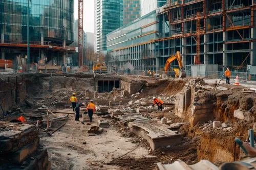 Vestiges archéologiques mis au jour lors de fouilles en milieu urbain, révélant le passé enfoui de nos villes. Exemple concret d'archéologie urbaine.