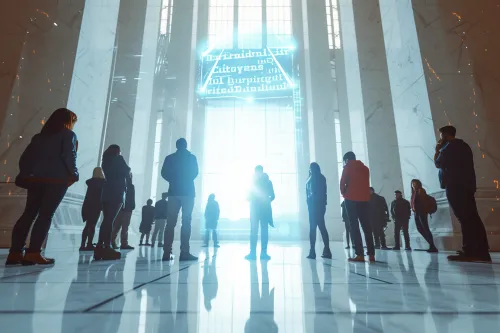 Un citoyen face à un robot juge, symbolisant les droits individuaux confrontés à la justice assistée par l'IA.