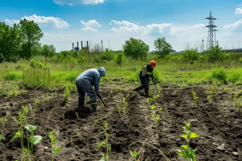 Des équipements de pointe décontaminent des parcelles de terre, symbolisant les méthodes innovantes de remédiation des sols et la restauration environnementale.