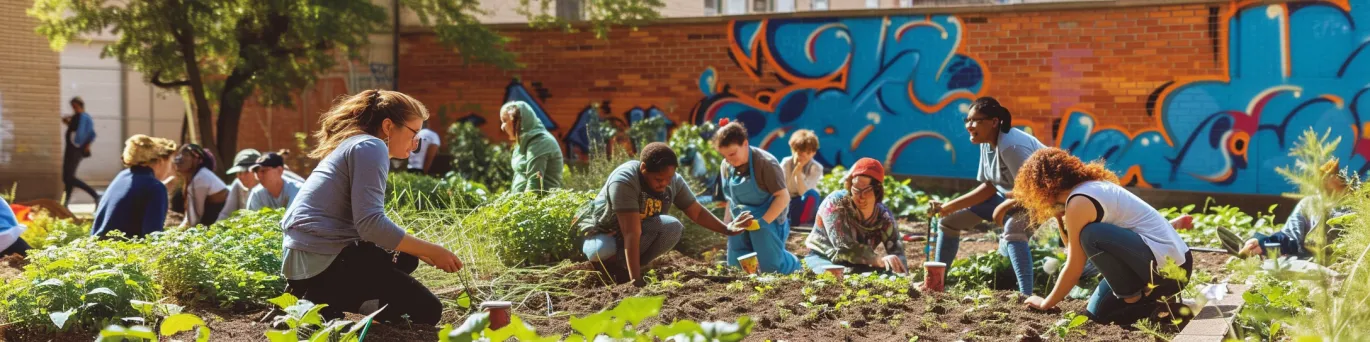 Groupe diversifié de bénévoles souriants collaborant activement pour un projet communautaire, favorisant la transformation sociale.