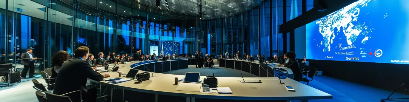 Dirigeants mondiaux en pleine discussion stratégique lors d'un sommet crucial, soulignant les enjeux géopolitiques et l'impact futur des décisions prises.