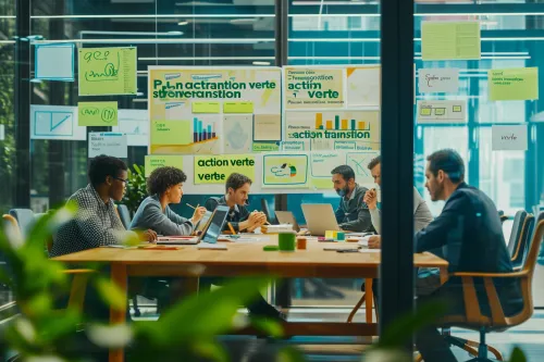 Représentation visuelle d'un Plan action transition verte, guidant journalistes et entreprises vers la durabilité.