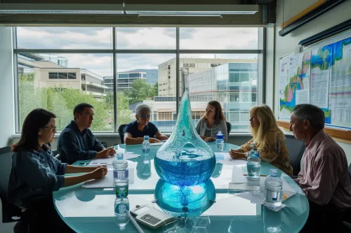 Réunion de diverses parties prenantes collaborant sur des stratégies efficaces de gouvernance et conservation de l'eau.