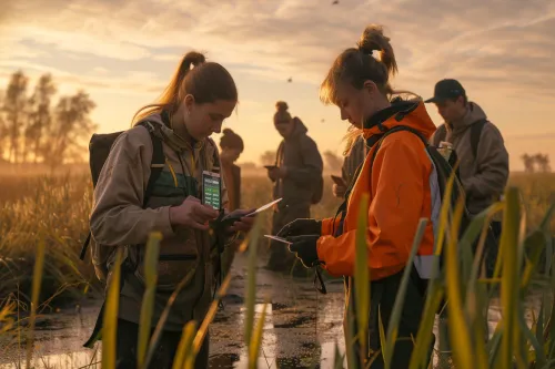 Un champ verdoyant avec des éoliennes et des arbres en croissance, démontrant des stratégies écologiques pour une renaissance durable.