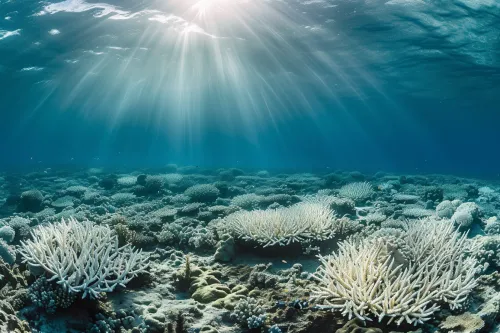 Récifs coralliens blanchis par des vagues de chaleur sous-marines, montrant l'impact dévastateur du réchauffement océanique.