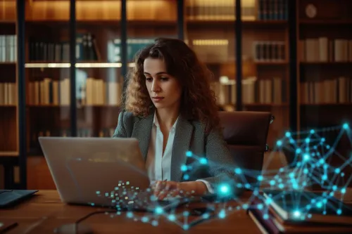 Scène conceptuelle de l'IA et du droit convergeant harmonieusement, suggérant une intégration équilibrée au sein du système juridique.