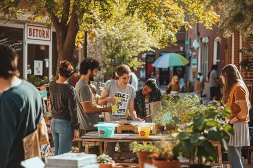Volontaires souriants travaillant main dans la main pour un projet qui renforce l'engagement local de leur communauté.