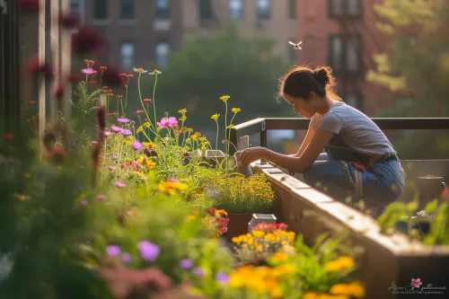 Une abeille active butine une fleur de lavande dans un jardin fleuri, soulignant l'importance d'agir localement pour les pollinisateurs.