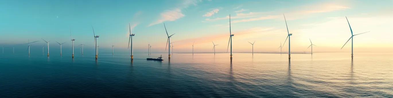 Vaste champ d'éoliennes marines modernes au lever du soleil, symbolisant l'avenir prometteur de l'énergie renouvelable.