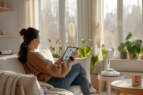 Gros plan sur une montre connectée affichant des données vitales, illustrant les Santé connectée tendances actuelles.