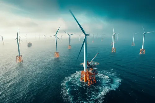 Structure d'éolienne offshore en mer, reflétant les défis techniques et les avancées majeures de l'énergie maritime éolienne.